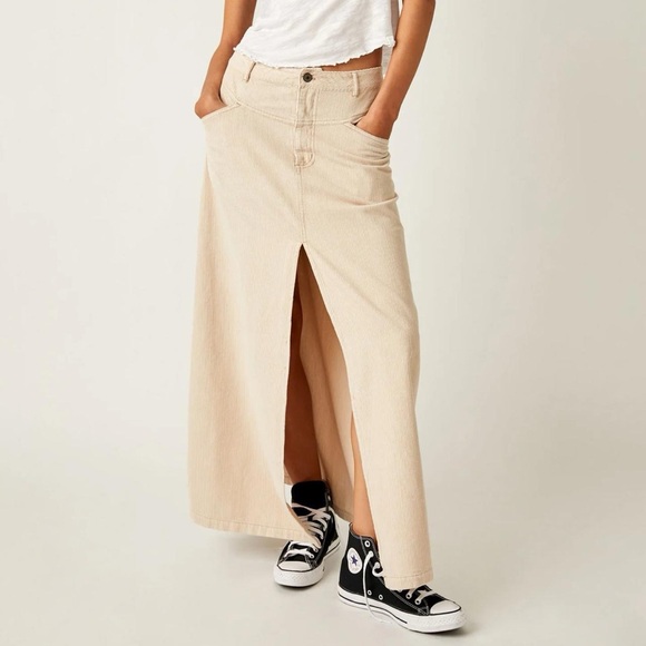 Free People We The Free Come As You Are Corduroy Maxi Slit Skirt in Cream - 4